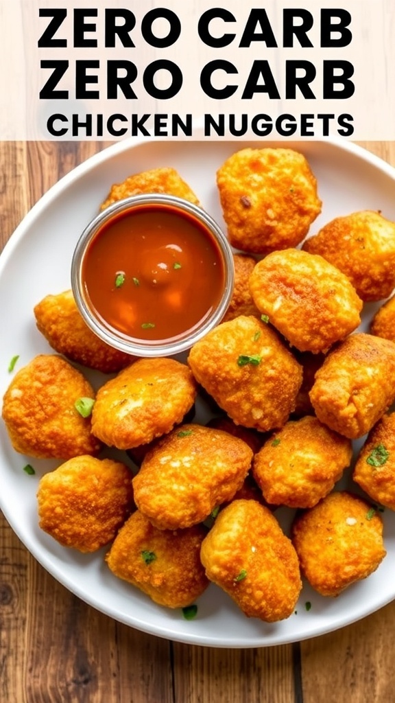 Zero Carb Chicken Nuggets Recipe Crispy zero carb chicken nuggets on a plate with dipping sauce and herbs.